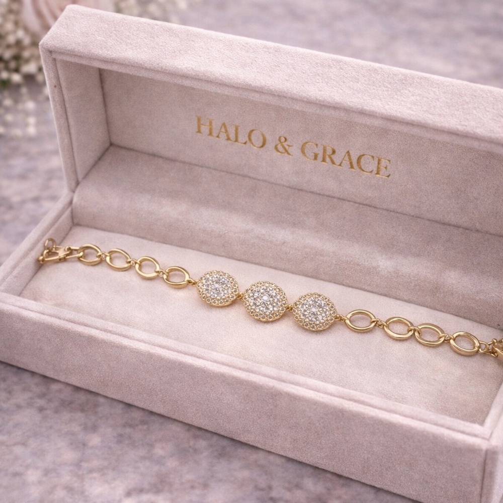 14K Gold Bracelet Triple Pave Round Stations with Oval Link Chain